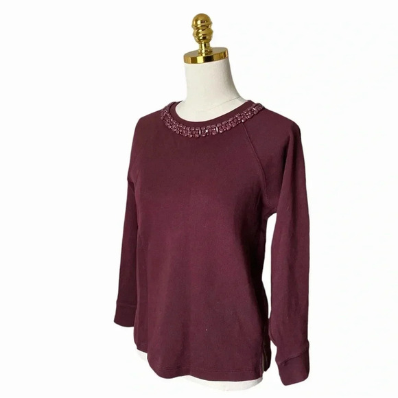 J CREW | Women’s Embellished Crewneck Sweater in 100% Cotton Wine Red Size S - Picture 2 of 8